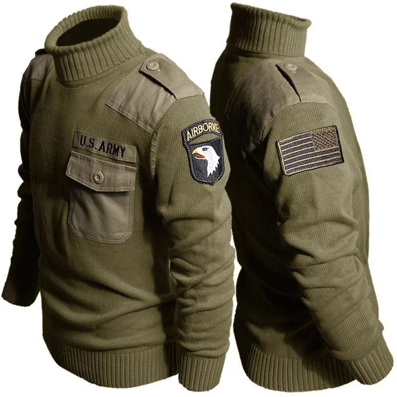 Pull à Col Roulé Rétro pour Homme, Motif de Lettres, Patchwork, en Coton, pour Randonnée en Plein Air, Style Militaire