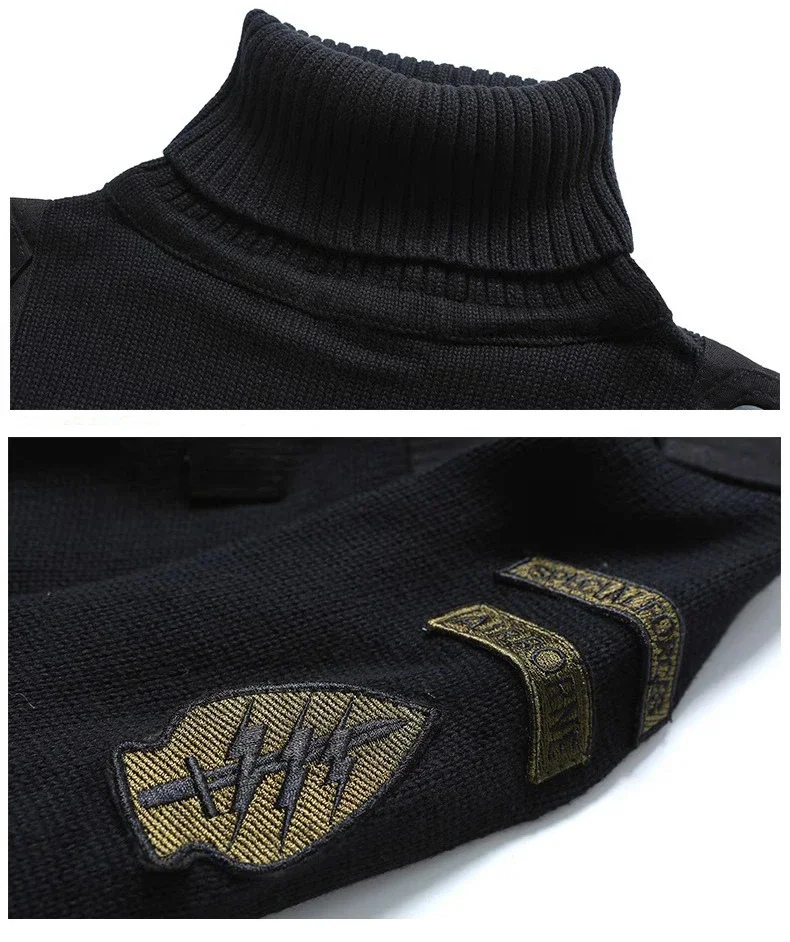 Pull à Col Roulé Rétro pour Homme, Motif de Lettres, Patchwork, en Coton, pour Randonnée en Plein Air, Style Militaire