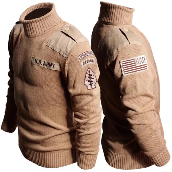 Pull à Col Roulé Rétro pour Homme, Motif de Lettres, Patchwork, en Coton, pour Randonnée en Plein Air, Style Militaire – Image 3