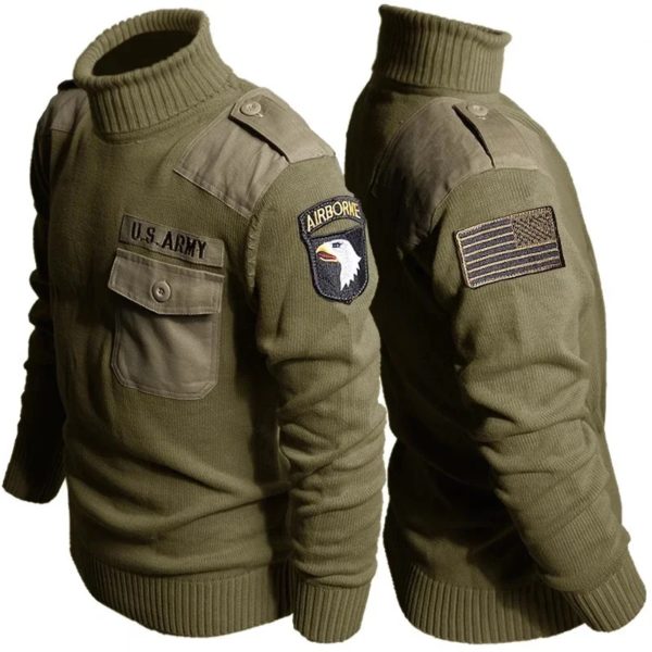 Pull à Col Roulé Rétro pour Homme, Motif de Lettres, Patchwork, en Coton, pour Randonnée en Plein Air, Style Militaire – Image 4