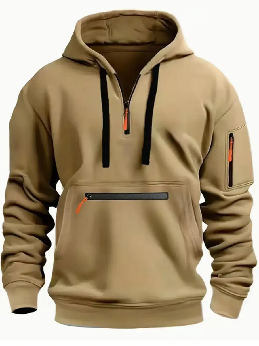 Sweat à capuche de sport décontracté pour hommes, manches longues, tendance, épais, extérieur, bras tactique, fermeture éclair, pull Hoo, mode automne et hiver, nouveau Sweat à capuche de sport décontracté pour hommes, manches longues, tendance, épais, extérieur, bras tactique, fermeture éclair, pull Hoo, mode automne et hiver, nouveau