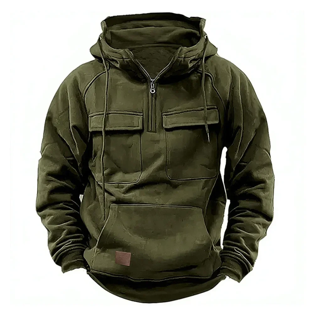 Veste à Capuche pour Homme Style Militaire, Vêtement Chaud, Couleur Unie, PVD, Multi-Poches, Demi Fermeture Éclair, pour l'Extérieur
