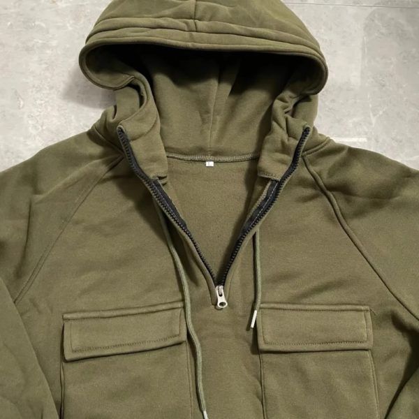 Sweat à capuche de style Tough Guy pour homme, veste à capuche, sweat-shirt militaire chaud, multi-poches, taille européenne, extérieur, optique, demi-fermeture éclair – Image 6