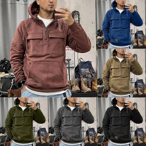 Sweat à capuche de style Tough Guy pour homme, veste à capuche, sweat-shirt militaire chaud, multi-poches, taille européenne, extérieur, optique, demi-fermeture éclair – Image 2