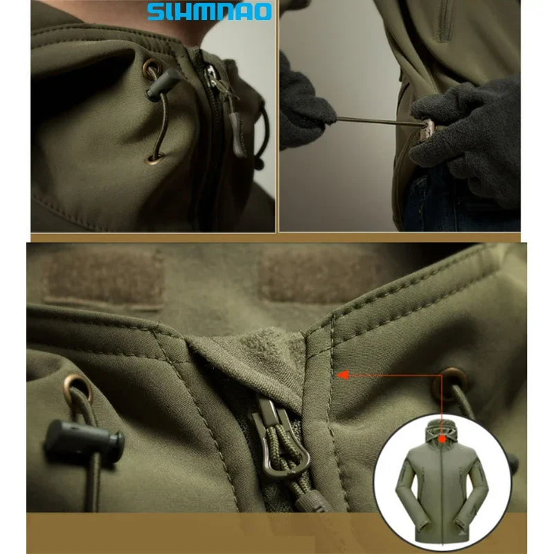 Chemise de pêche coupe-vent et imperméable, veste militaire d'hiver à coque souple pour hommes, pantalon à capuche, randonnée, chasse, assaut