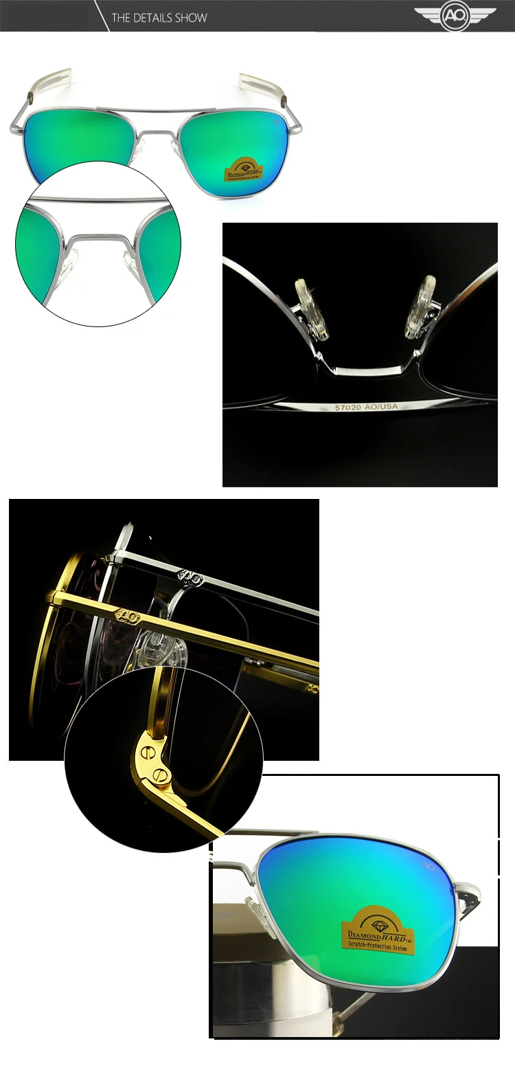 Lunettes de soleil de pilote militaire de l'armée américaine pour hommes, lentille en verre miroir AO, lunettes de soleil de conduite pour hommes, marque de créateur, qualité supérieure, OP55, OP57