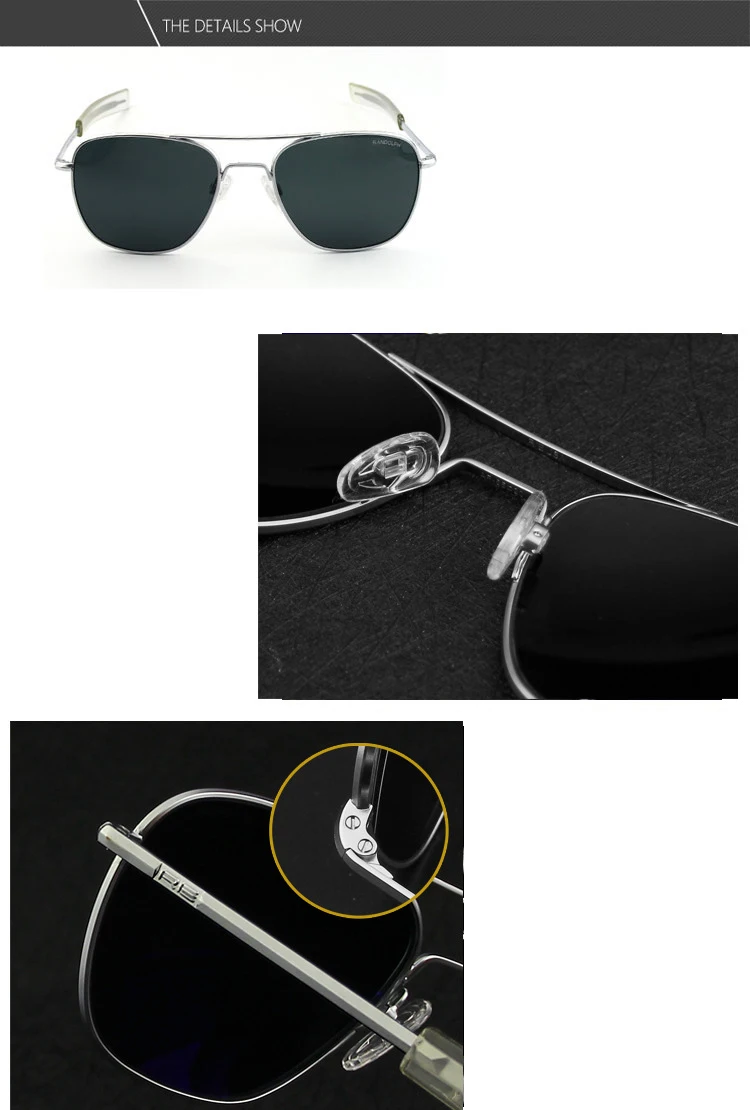Lunettes de soleil pilote RE pour hommes, lunettes de soleil de qualité supérieure pour hommes, armée américaine, lentille en verre militaire, lentille AO Oculos