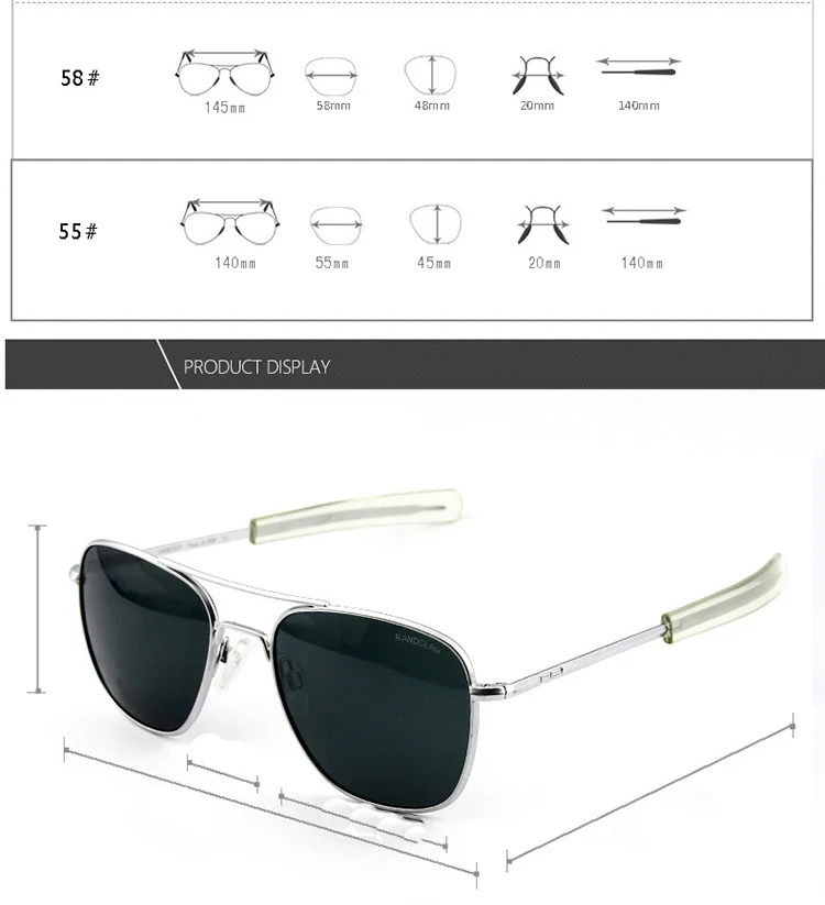 Lunettes de soleil pilote RE pour hommes, lunettes de soleil de qualité supérieure pour hommes, armée américaine, lentille en verre militaire, lentille AO Oculos