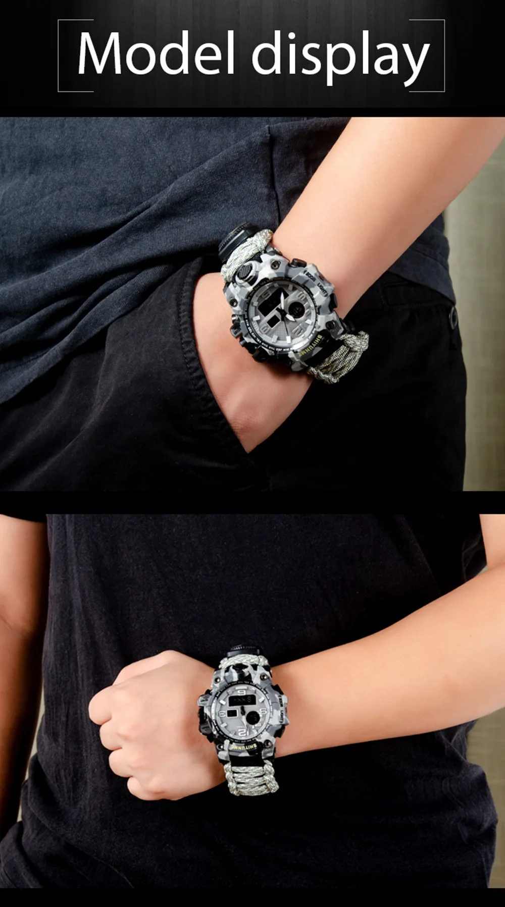WinterYUNcloser-Montre militaire étanche à quartz pour hommes, montre de survie en plein air, DulParacord, boussole, therye.com, multifonctionnel