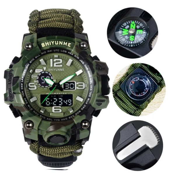 WinterYUNcloser-Montre militaire étanche à quartz pour hommes, montre de survie en plein air, DulParacord, boussole, therye.com, multifonctionnel