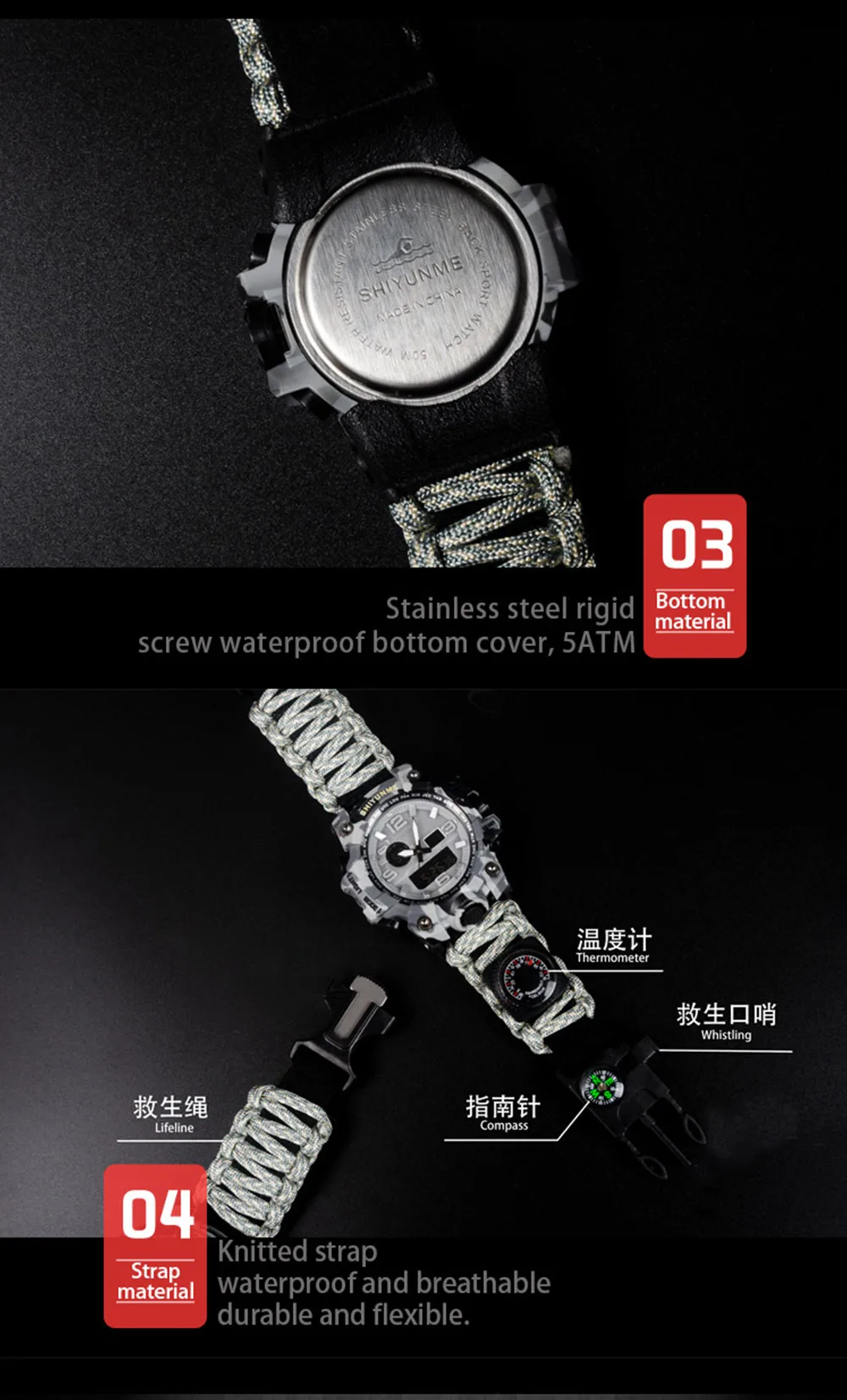 WinterYUNcloser-Montre militaire étanche à quartz pour hommes, montre de survie en plein air, DulParacord, boussole, therye.com, multifonctionnel