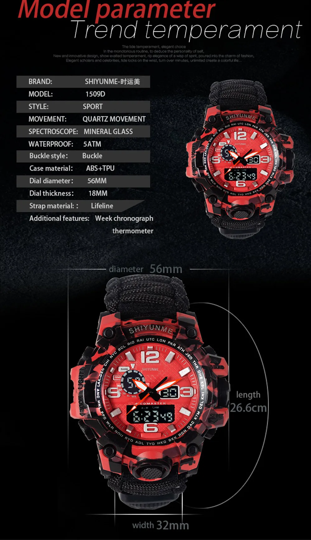 WinterYUNcloser-Montre militaire étanche à quartz pour hommes, montre de survie en plein air, DulParacord, boussole, therye.com, multifonctionnel