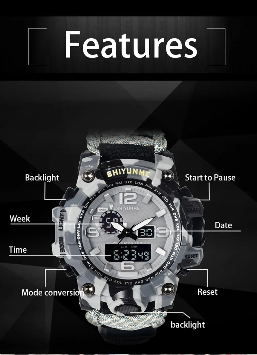 WinterYUNcloser-Montre militaire étanche à quartz pour hommes, montre de survie en plein air, DulParacord, boussole, therye.com, multifonctionnel