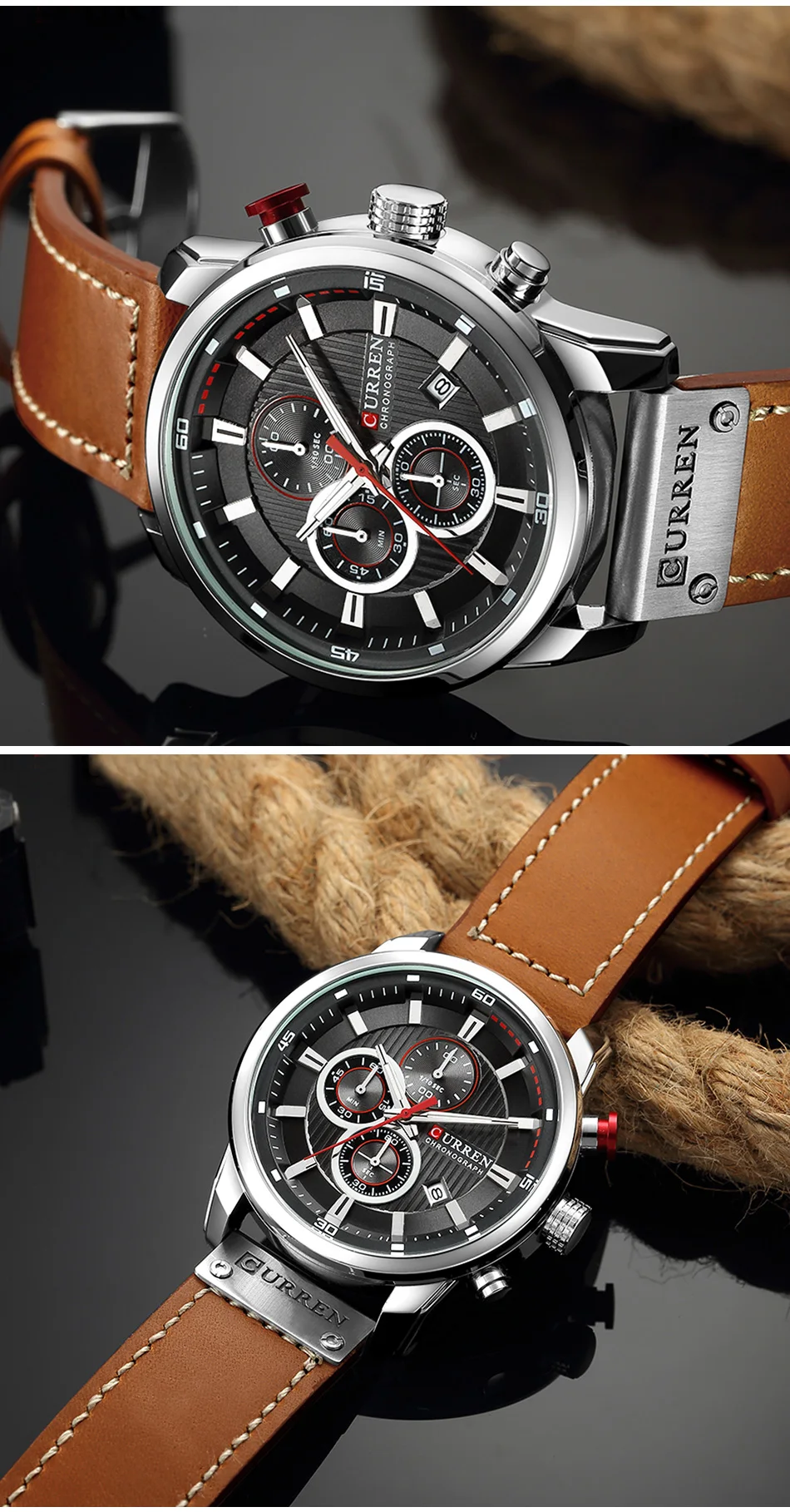 CURREN – montre de sport en cuir pour homme, chronographe, à Quartz, style militaire