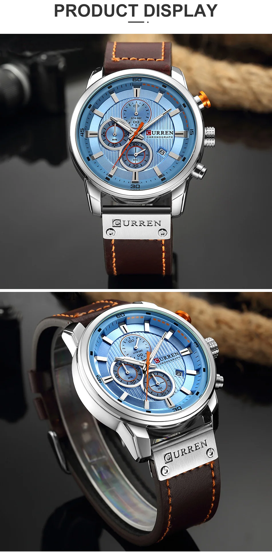 CURREN – montre de sport en cuir pour homme, chronographe, à Quartz, style militaire