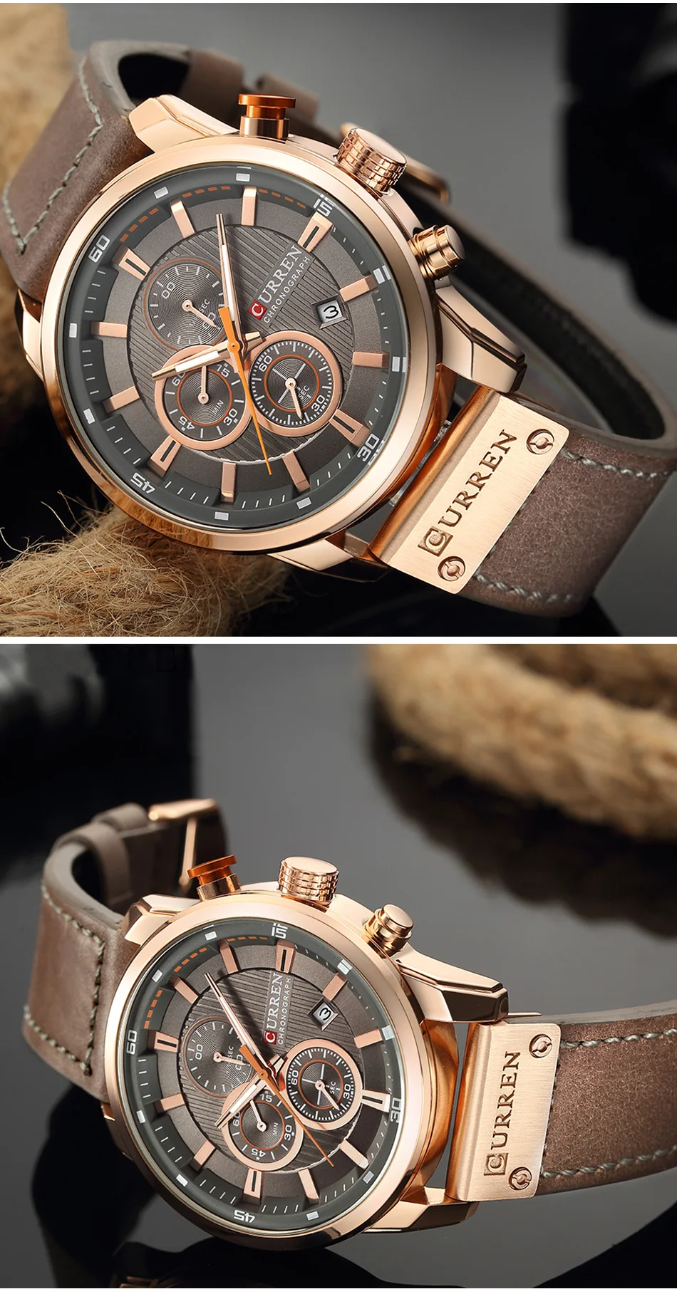 CURREN – montre de sport en cuir pour homme, chronographe, à Quartz, style militaire