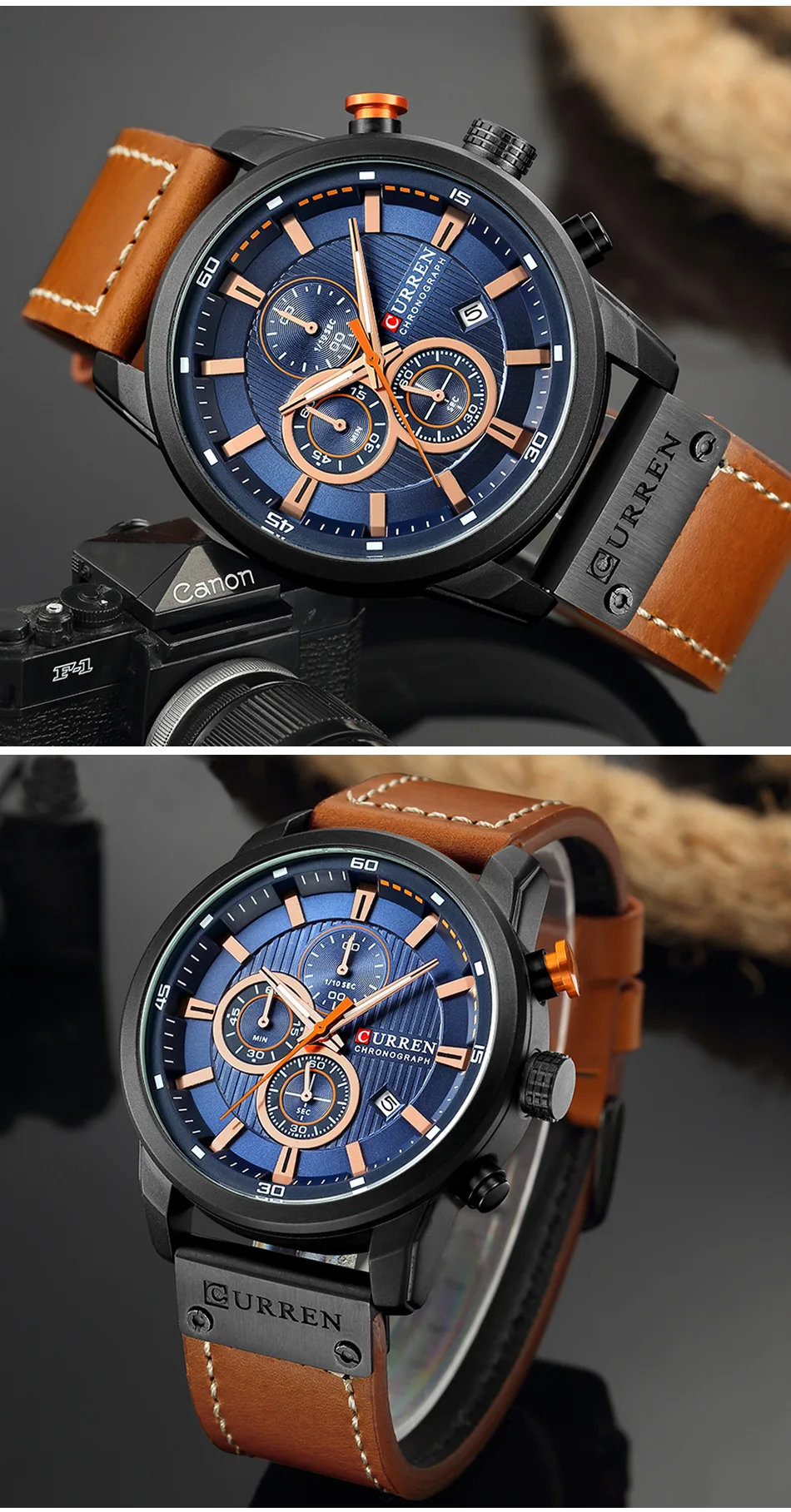 CURREN – montre de sport en cuir pour homme, chronographe, à Quartz, style militaire
