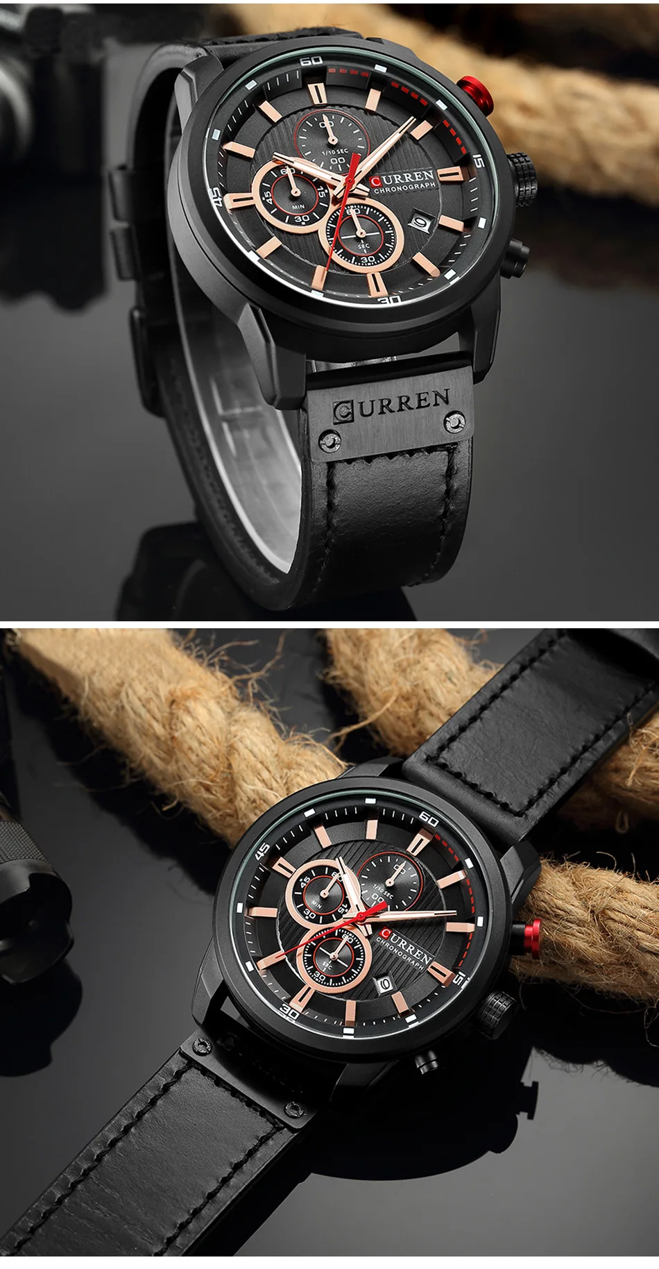 CURREN – montre de sport en cuir pour homme, chronographe, à Quartz, style militaire