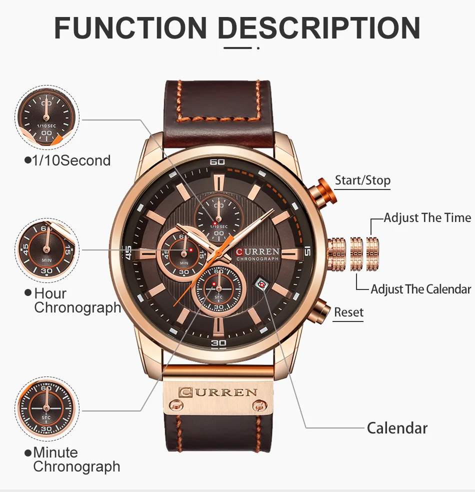 CURREN – montre de sport en cuir pour homme, chronographe, à Quartz, style militaire
