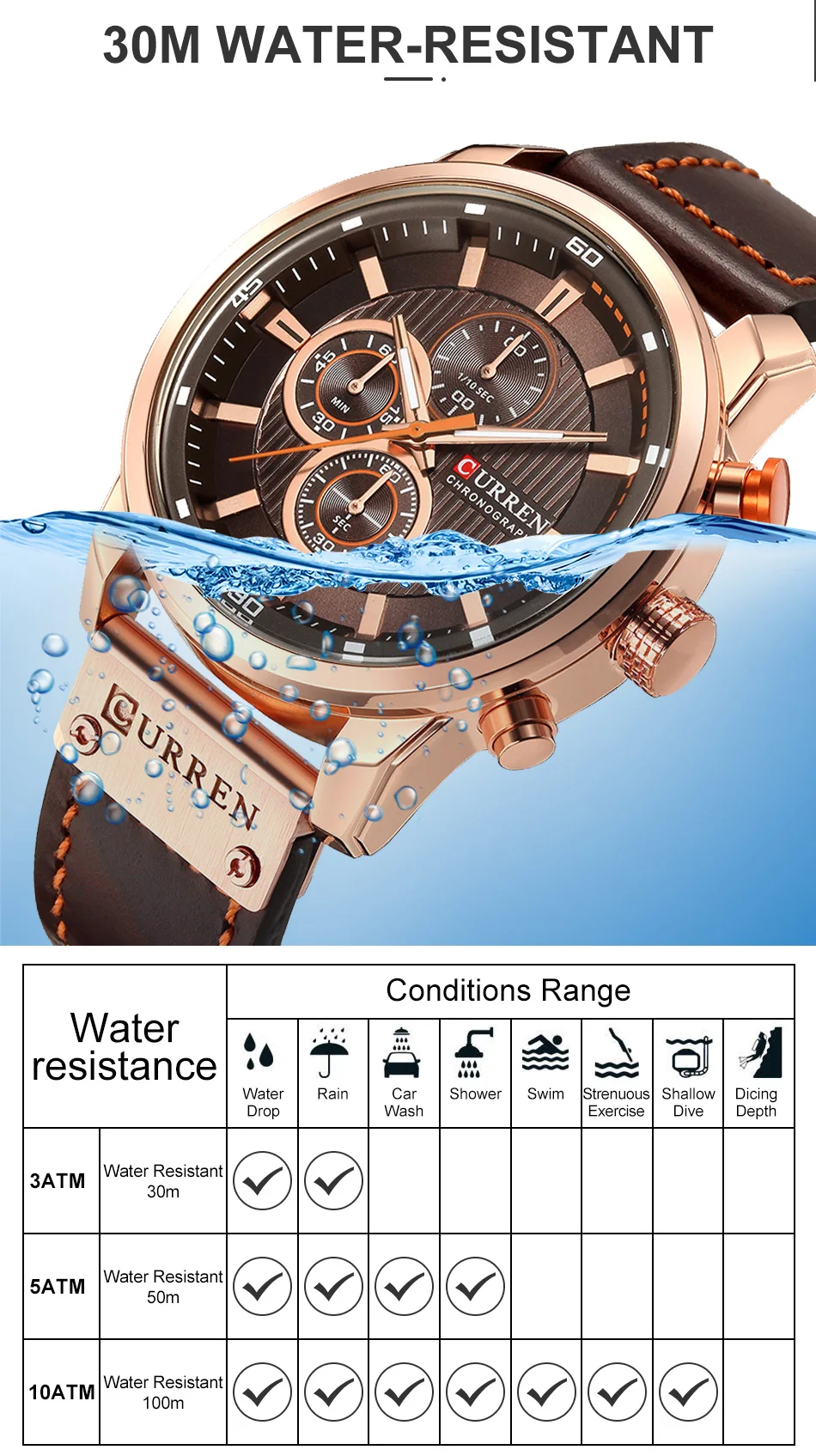 CURREN – montre de sport en cuir pour homme, chronographe, à Quartz, style militaire