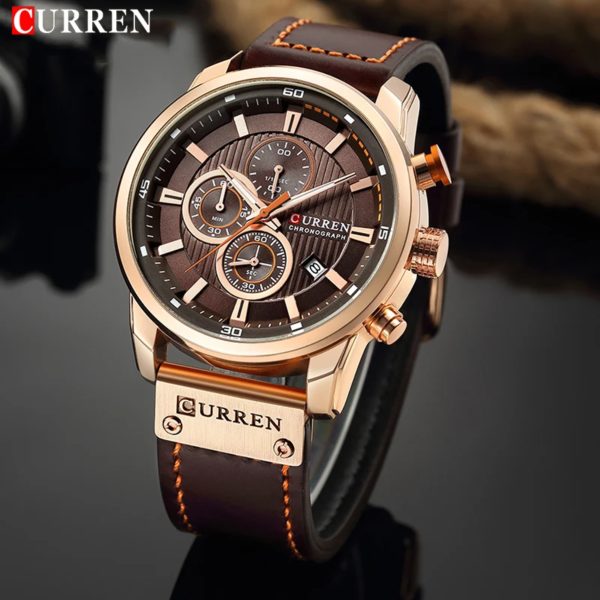 CURREN – montre de sport en cuir pour homme, chronographe, à Quartz, style militaire – Image 2