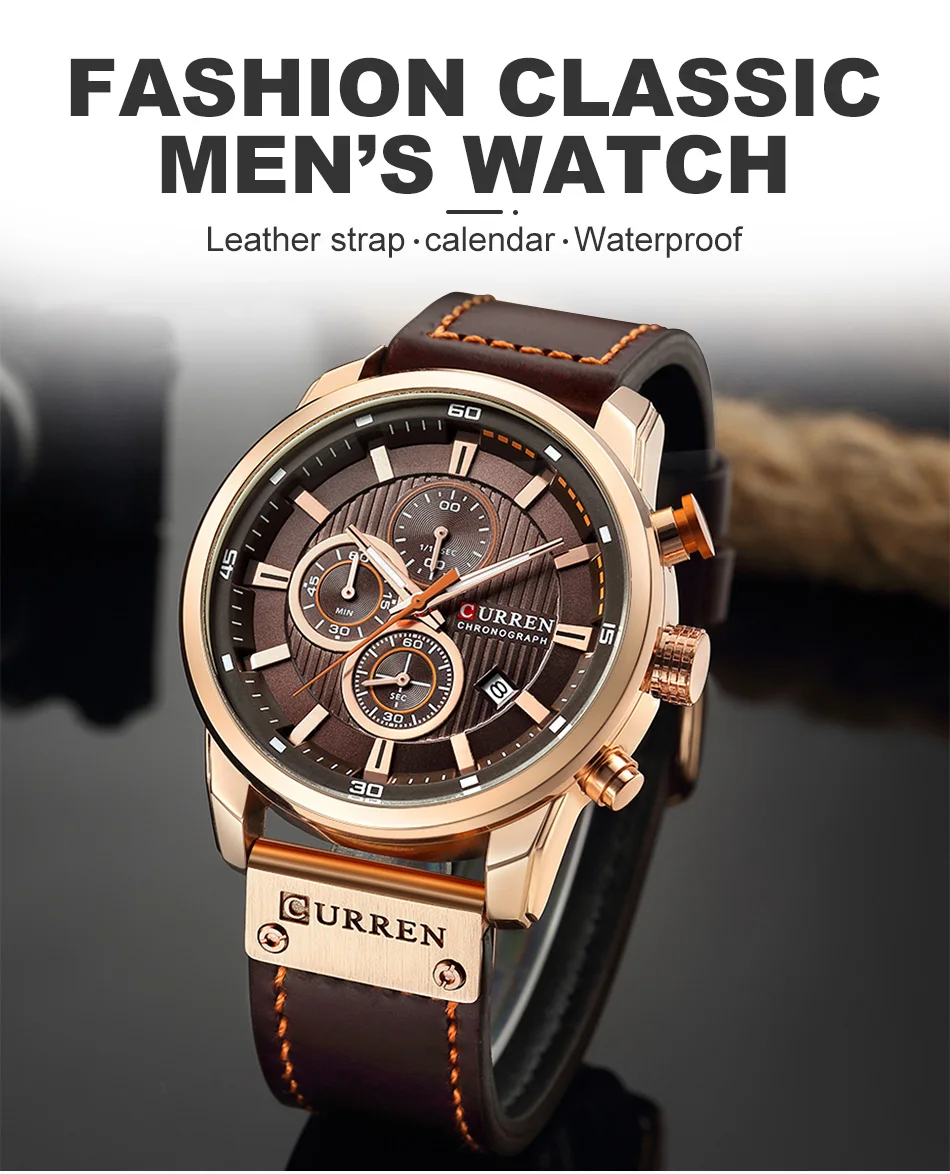 CURREN – montre de sport en cuir pour homme, chronographe, à Quartz, style militaire