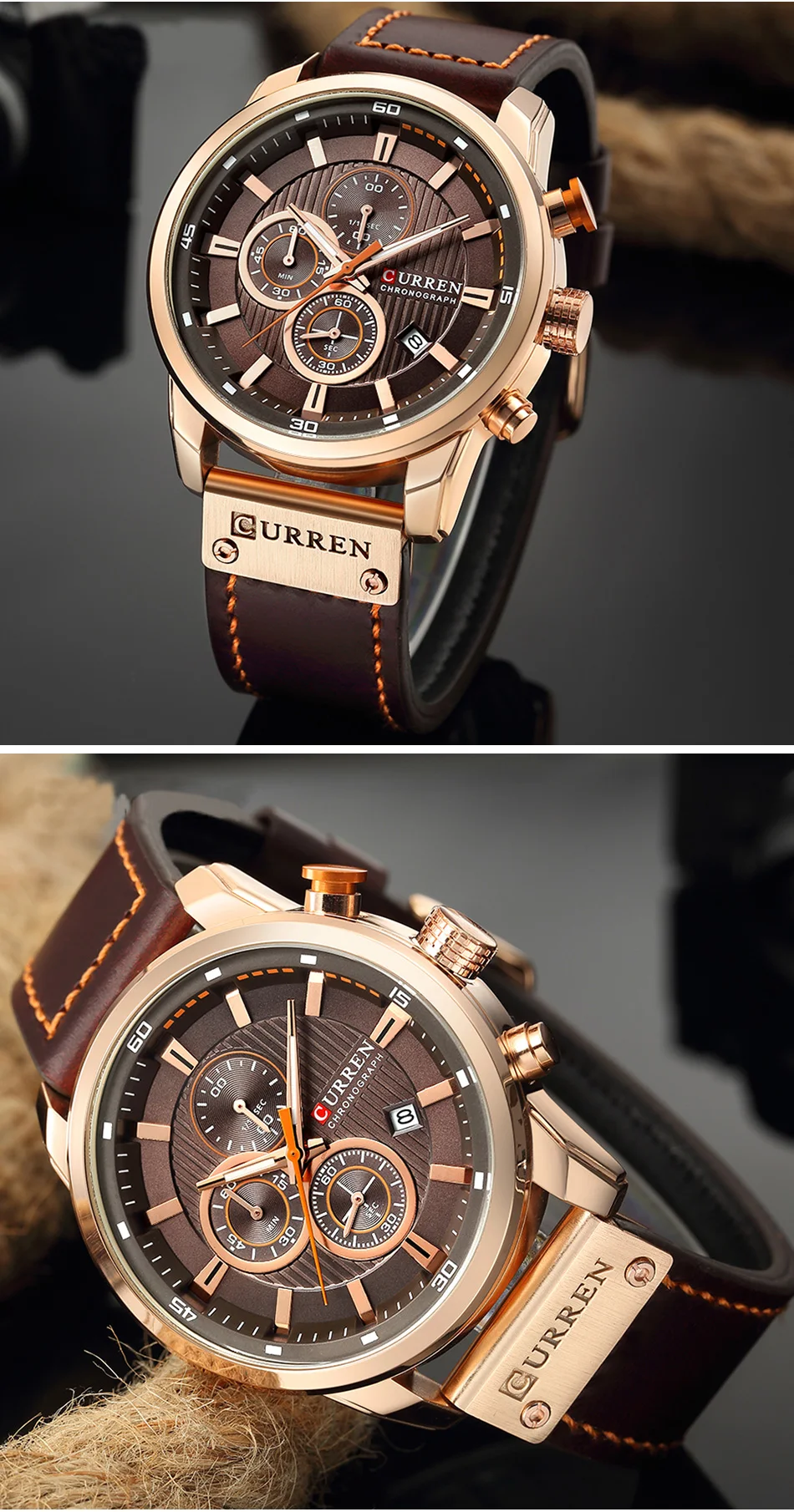 CURREN – montre de sport en cuir pour homme, chronographe, à Quartz, style militaire