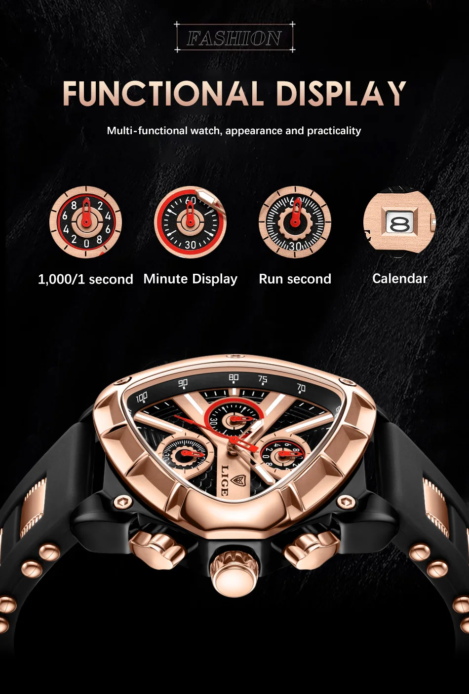 LIGE-Montre-bracelet militaire étanche pour homme, chronographe triangle, montres de sport de l'armée, horloge à quartz de luxe, mode
