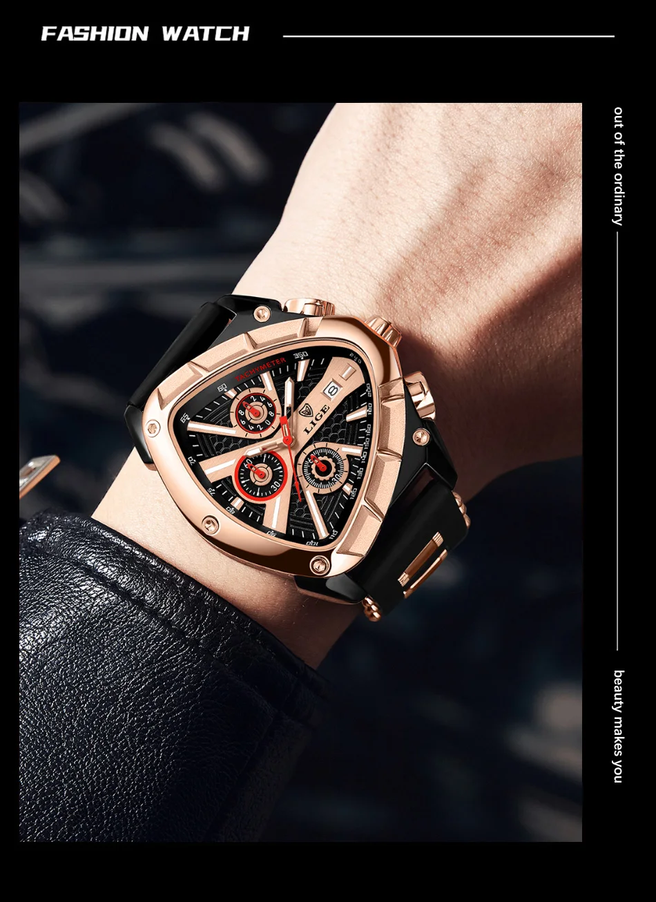 LIGE-Montre-bracelet militaire étanche pour homme, chronographe triangle, montres de sport de l'armée, horloge à quartz de luxe, mode