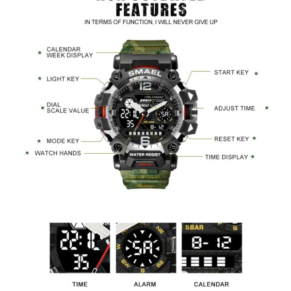 SMAEL-Montres militaires étanches à 50m pour hommes, montre de sport numérique, montre de l'armée, quartz numérique, heure des touristes, montres-bracelets LED, nouveau, 8072 – Image 3