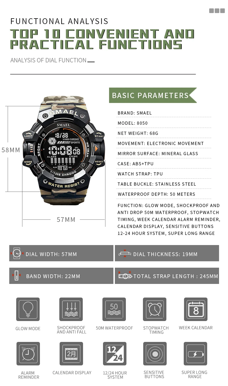 SMAEL-Montre numérique militaire à LED, montres-bracelets de sport étanches, chronomètre LED, montres de l'armée, horloge numérique Big Dail, alarme, 50m, 8050