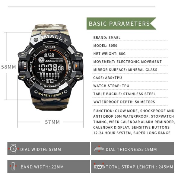 SMAEL-Montre numérique militaire à LED, montres-bracelets de sport étanches, chronomètre LED, montres de l'armée, horloge numérique Big Dail, alarme, 50m, 8050 – Image 3