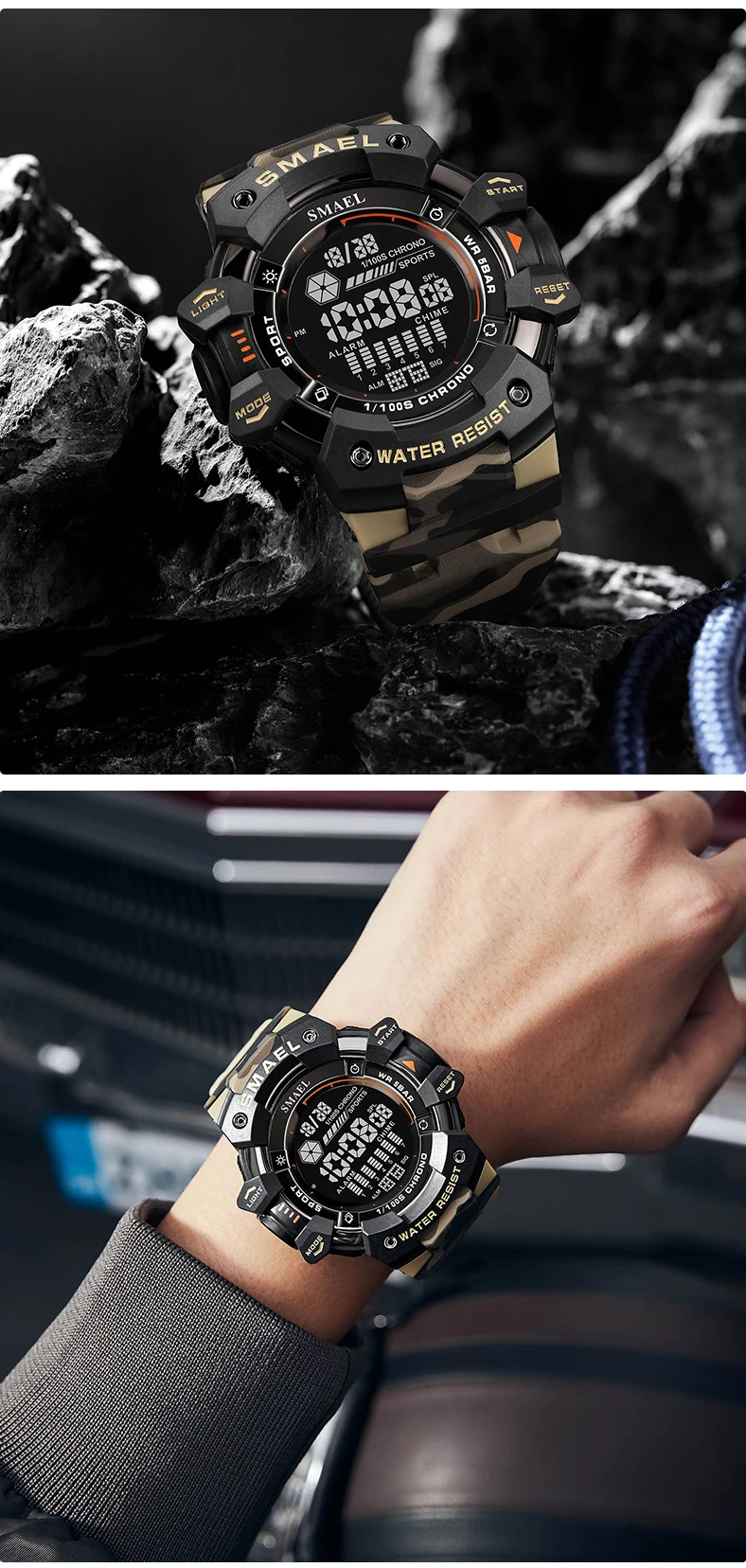 SMAEL-Montre numérique militaire à LED, montres-bracelets de sport étanches, chronomètre LED, montres de l'armée, horloge numérique Big Dail, alarme, 50m, 8050