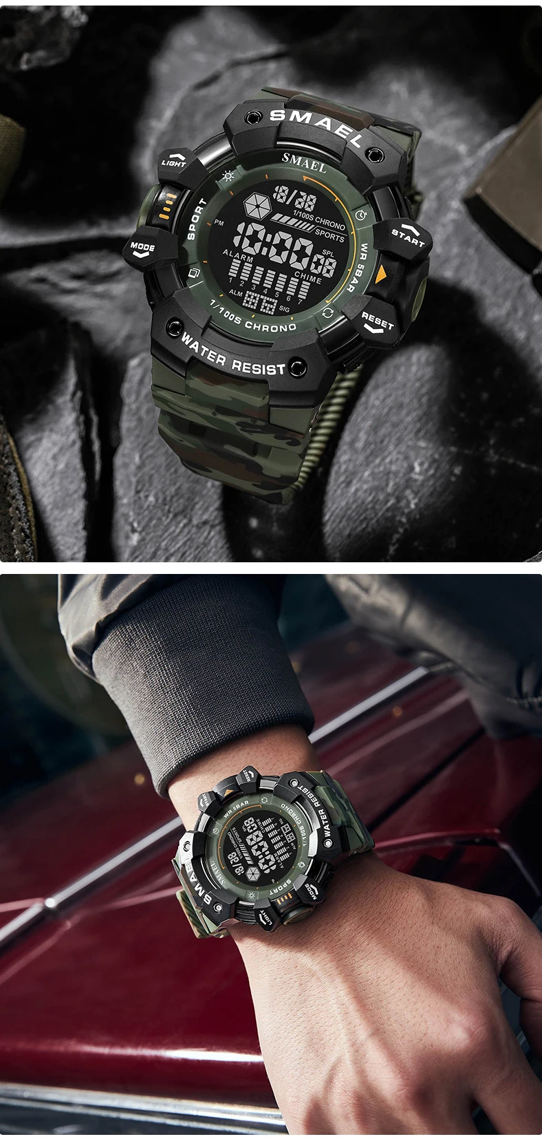 SMAEL-Montre numérique militaire à LED, montres-bracelets de sport étanches, chronomètre LED, montres de l'armée, horloge numérique Big Dail, alarme, 50m, 8050