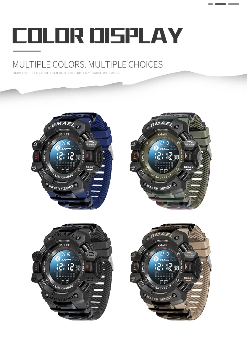 SMAEL-Montre numérique militaire à LED, montres-bracelets de sport étanches, chronomètre LED, montres de l'armée, horloge numérique Big Dail, alarme, 50m, 8050