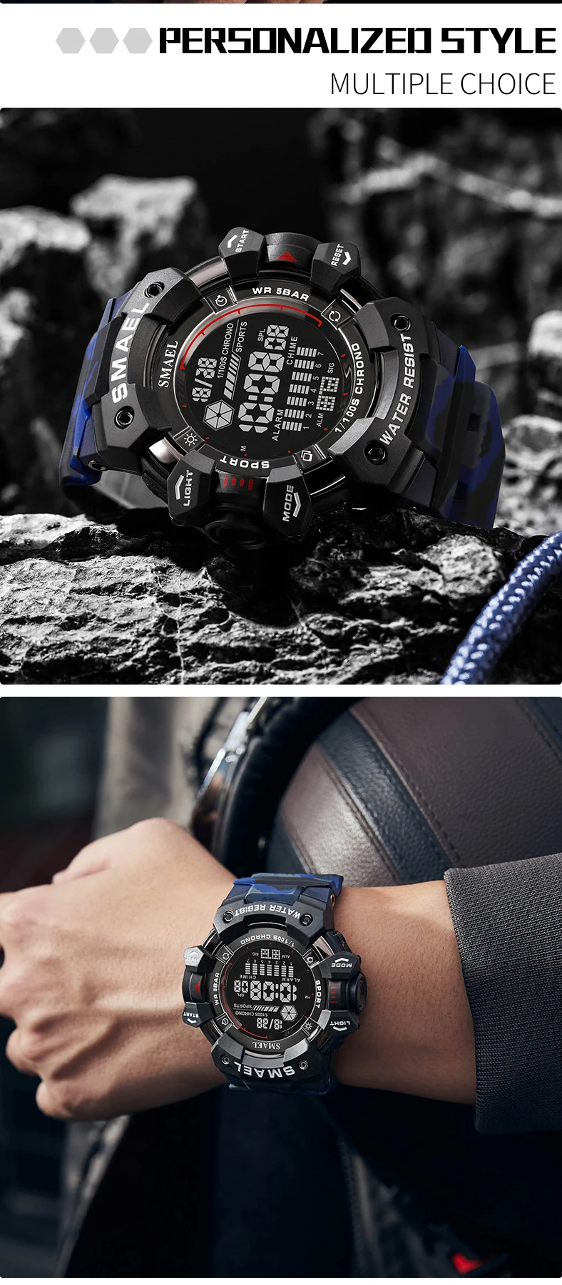 SMAEL-Montre numérique militaire à LED, montres-bracelets de sport étanches, chronomètre LED, montres de l'armée, horloge numérique Big Dail, alarme, 50m, 8050
