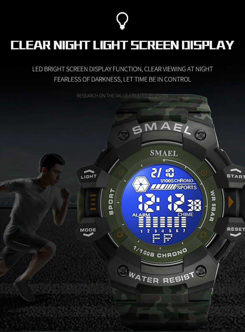 SMAEL-Montre numérique militaire à LED, montres-bracelets de sport étanches, chronomètre LED, montres de l'armée, horloge numérique Big Dail, alarme, 50m, 8050