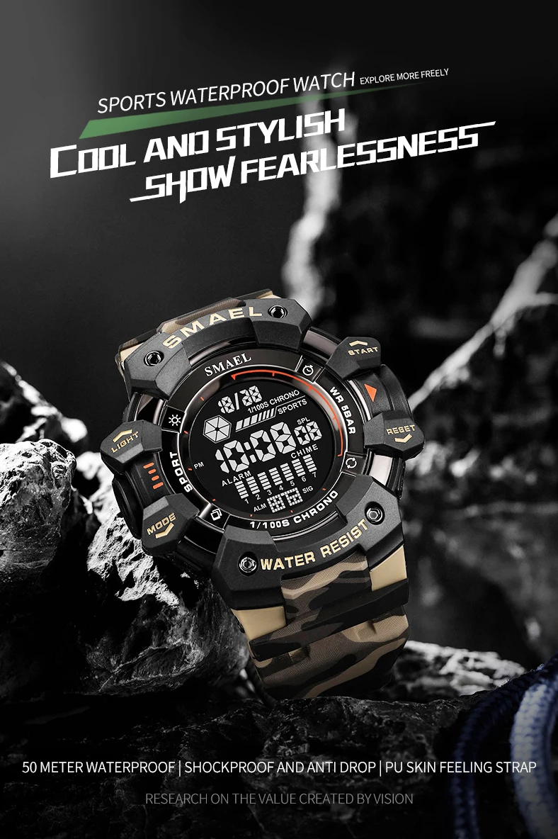SMAEL-Montre numérique militaire à LED, montres-bracelets de sport étanches, chronomètre LED, montres de l'armée, horloge numérique Big Dail, alarme, 50m, 8050