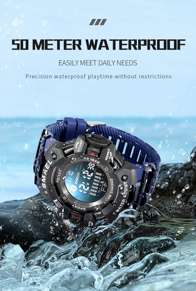 SMAEL-Montre numérique militaire à LED, montres-bracelets de sport étanches, chronomètre LED, montres de l'armée, horloge numérique Big Dail, alarme, 50m, 8050