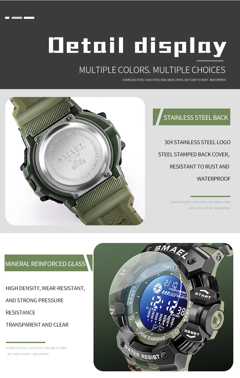 SMAEL-Montre numérique militaire à LED, montres-bracelets de sport étanches, chronomètre LED, montres de l'armée, horloge numérique Big Dail, alarme, 50m, 8050