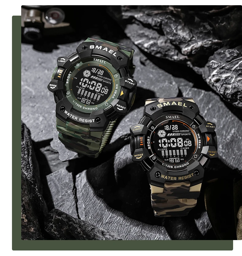 SMAEL-Montre numérique militaire à LED, montres-bracelets de sport étanches, chronomètre LED, montres de l'armée, horloge numérique Big Dail, alarme, 50m, 8050