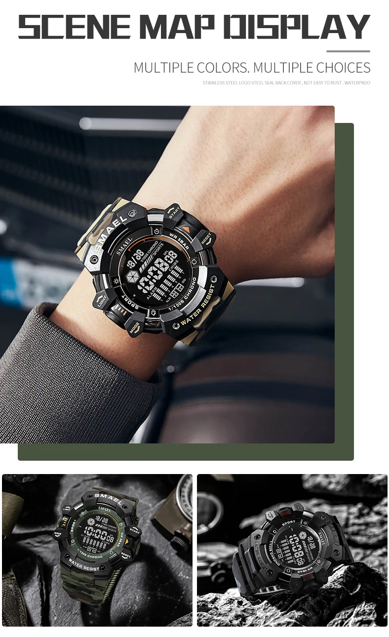 SMAEL-Montre numérique militaire à LED, montres-bracelets de sport étanches, chronomètre LED, montres de l'armée, horloge numérique Big Dail, alarme, 50m, 8050