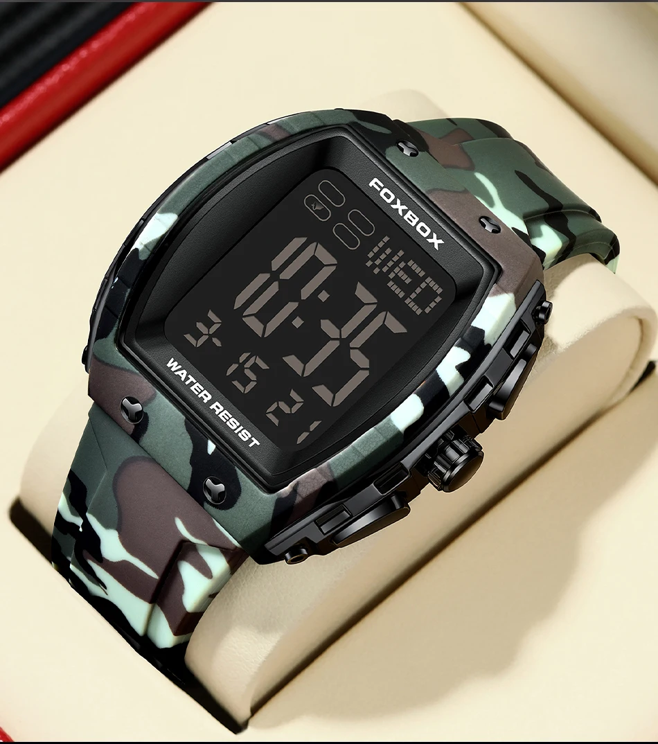 FOXBOX-Montre militaire CamSolomon pour homme, montre-bracelet de sport, numérique, étanche, LED, Shoous, date, semaine, armée, vert, silicone