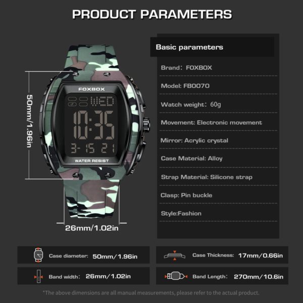 FOXBOX-Montre militaire CamSolomon pour homme, montre-bracelet de sport, numérique, étanche, LED, Shoous, date, semaine, armée, vert, silicone – Image 6