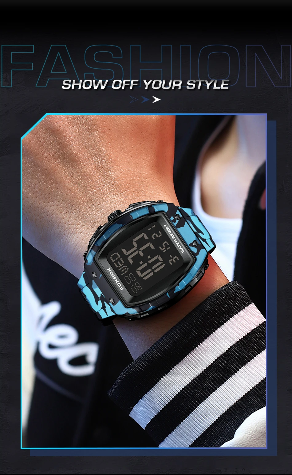 FOXBOX-Montre militaire CamSolomon pour homme, montre-bracelet de sport, numérique, étanche, LED, Shoous, date, semaine, armée, vert, silicone