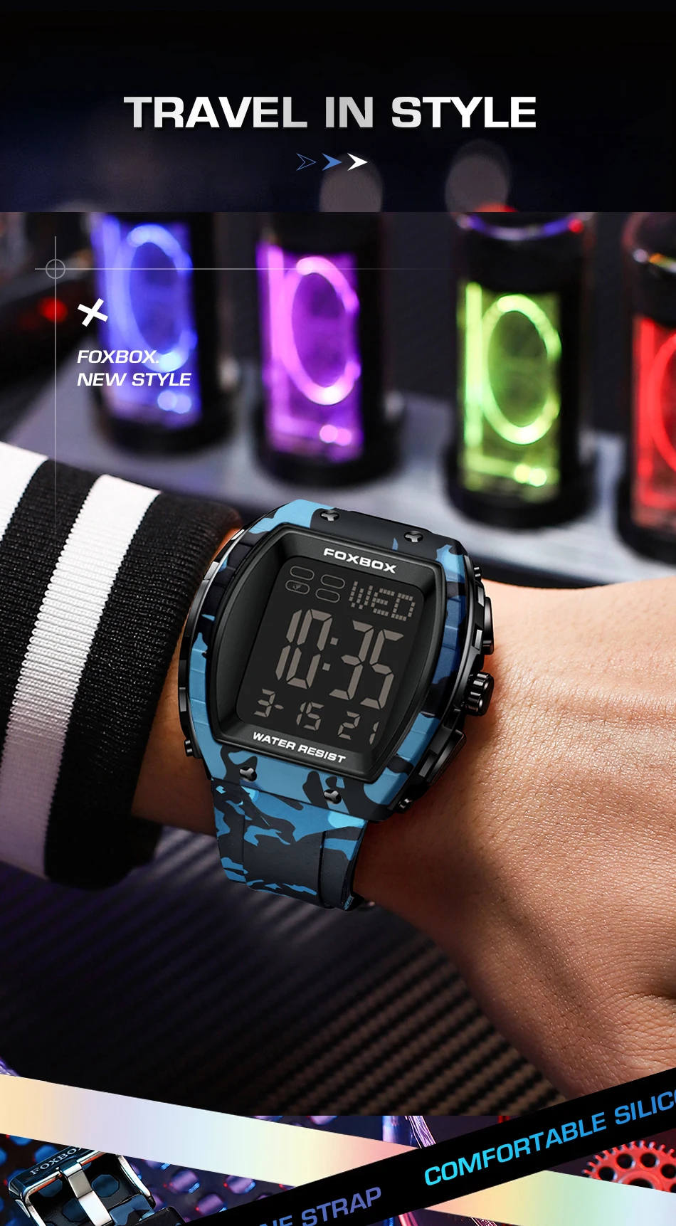 FOXBOX-Montre militaire CamSolomon pour homme, montre-bracelet de sport, numérique, étanche, LED, Shoous, date, semaine, armée, vert, silicone