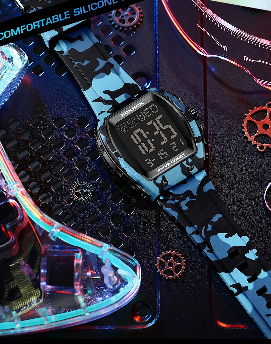 FOXBOX-Montre militaire CamSolomon pour homme, montre-bracelet de sport, numérique, étanche, LED, Shoous, date, semaine, armée, vert, silicone