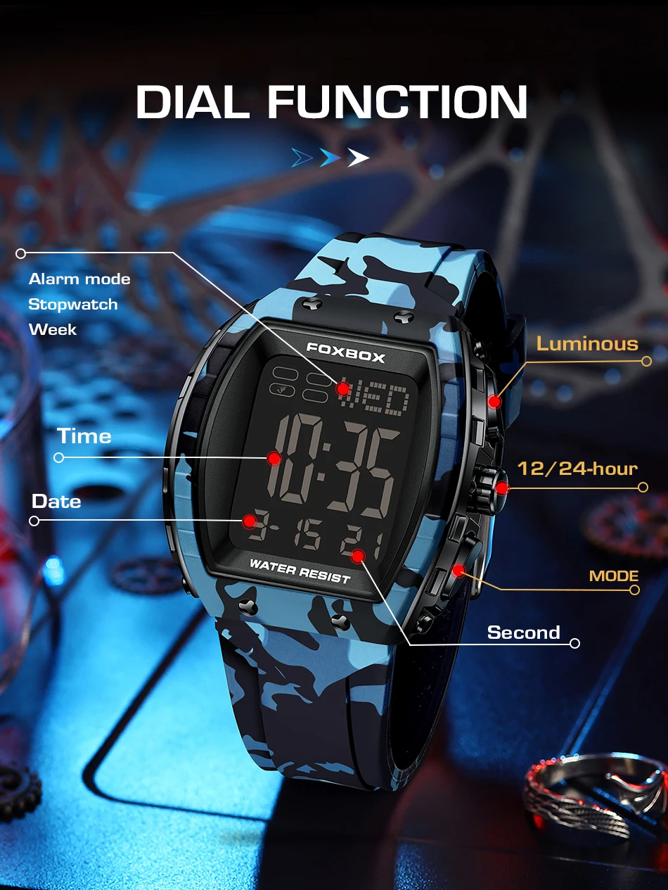 FOXBOX-Montre militaire CamSolomon pour homme, montre-bracelet de sport, numérique, étanche, LED, Shoous, date, semaine, armée, vert, silicone