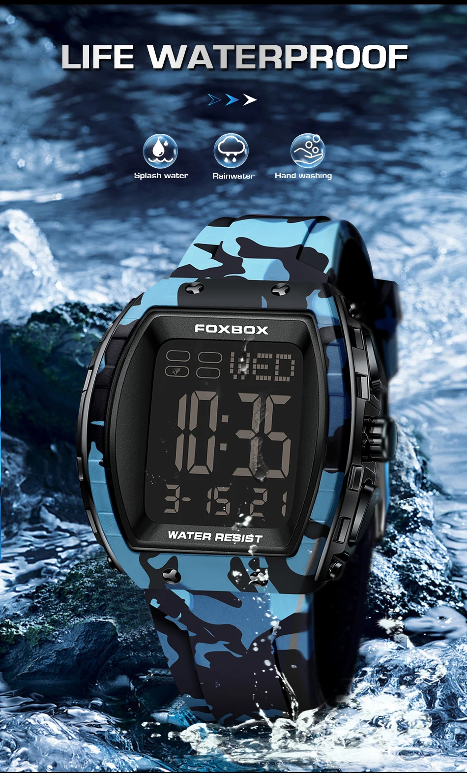 FOXBOX-Montre militaire CamSolomon pour homme, montre-bracelet de sport, numérique, étanche, LED, Shoous, date, semaine, armée, vert, silicone