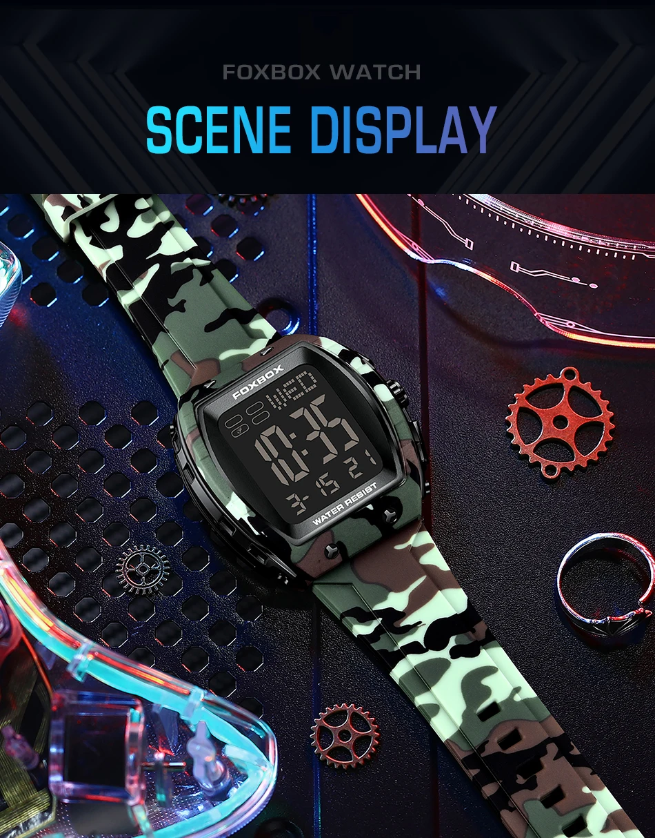 FOXBOX-Montre militaire CamSolomon pour homme, montre-bracelet de sport, numérique, étanche, LED, Shoous, date, semaine, armée, vert, silicone